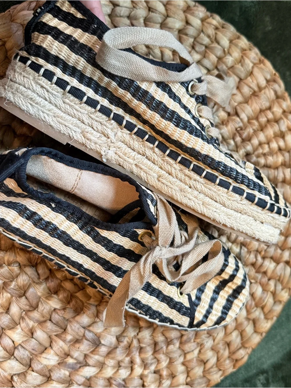 Sam Edelman Black and Natural Striped Espadrille Lace-Up Sneakers